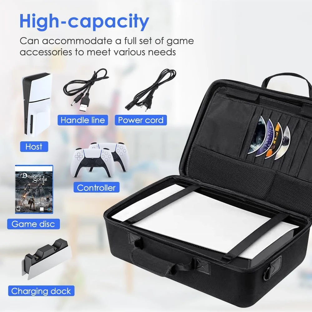 PSS Storage Bag for PS5 Slim, Hard Travel Carrying Case Compatible for PS5 Slim, Waterproof Shoulder Bag with Both Side Compartments Travel Accessories for PS5 Slim Disk/ Digital, (Black) - Image 3